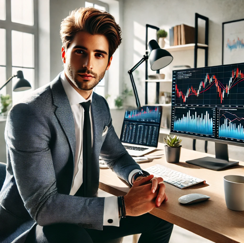 주식 종목을 분석하고 자신감에 차 있는 30대