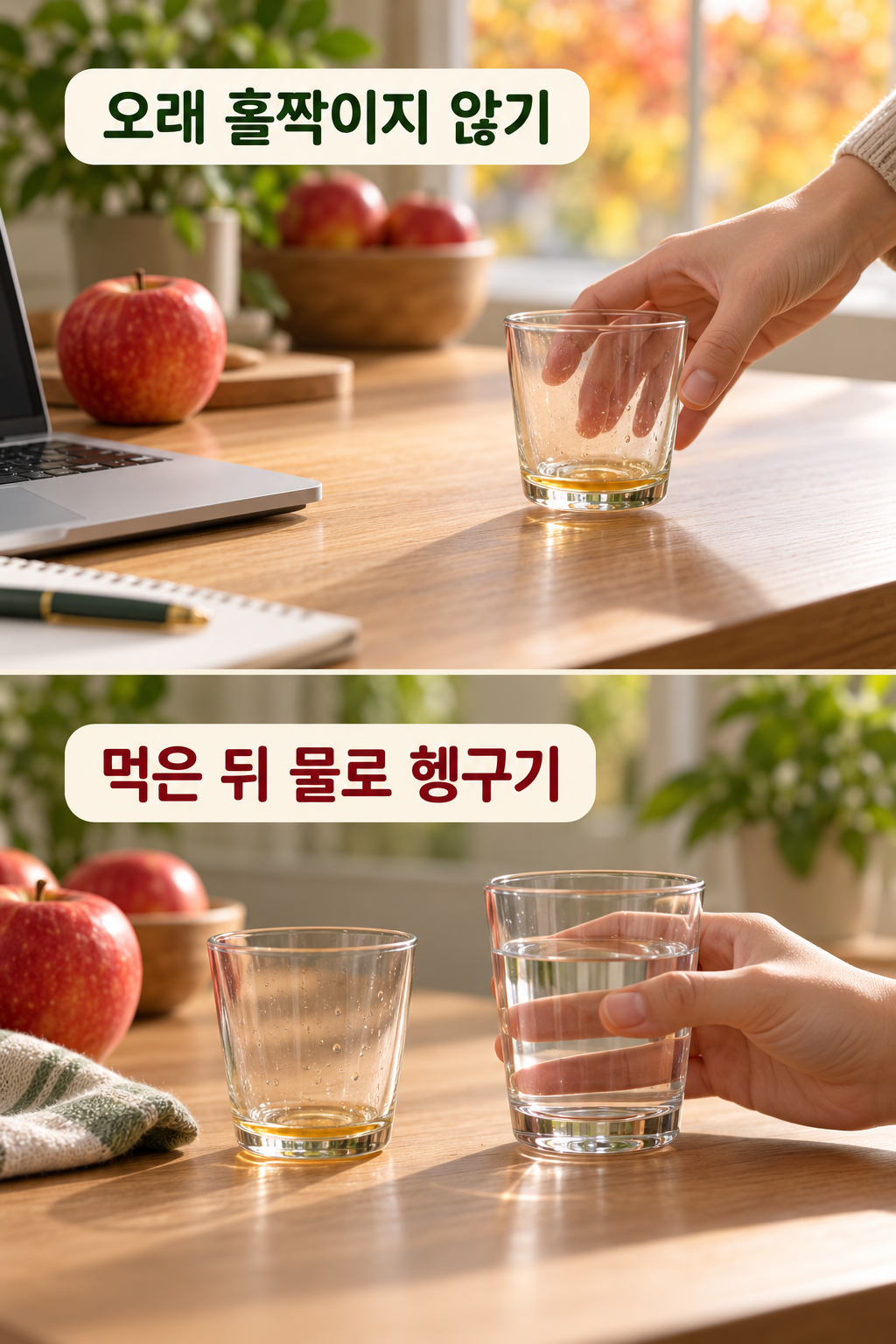 사과즙을 마신 뒤 잔을 치우고 물을 준비하는 장면.