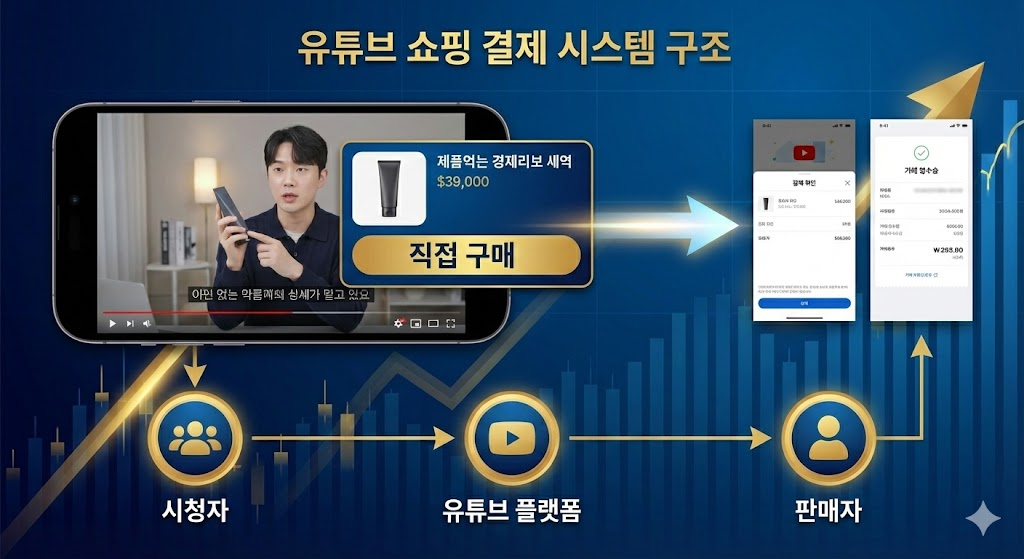 유튜브 앱 내에서 즉시 상품 구매가 가능한 쇼핑 기능의 프로세스를 시각화한 도표.