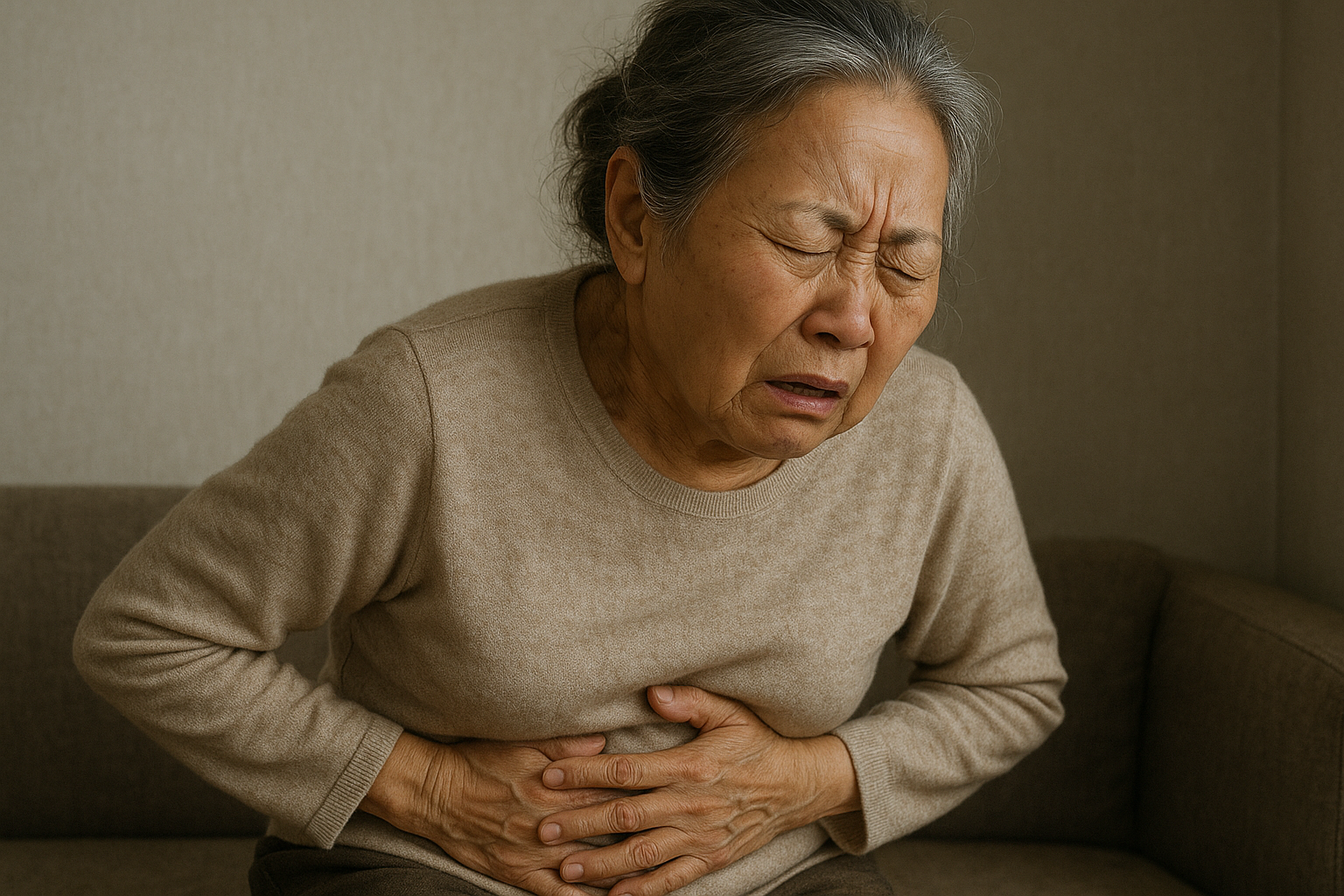 불편한 배를 움켜쥔 여성 노인의 모습