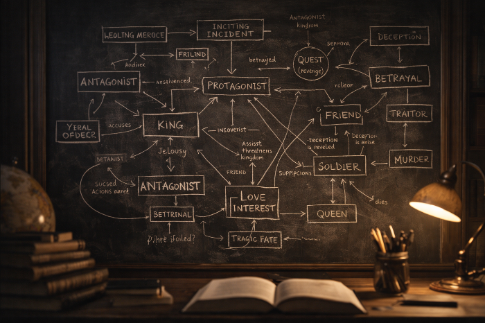 칠판에 적힌 복잡한 캐릭터 관계도와 플롯 인과관계 분석표