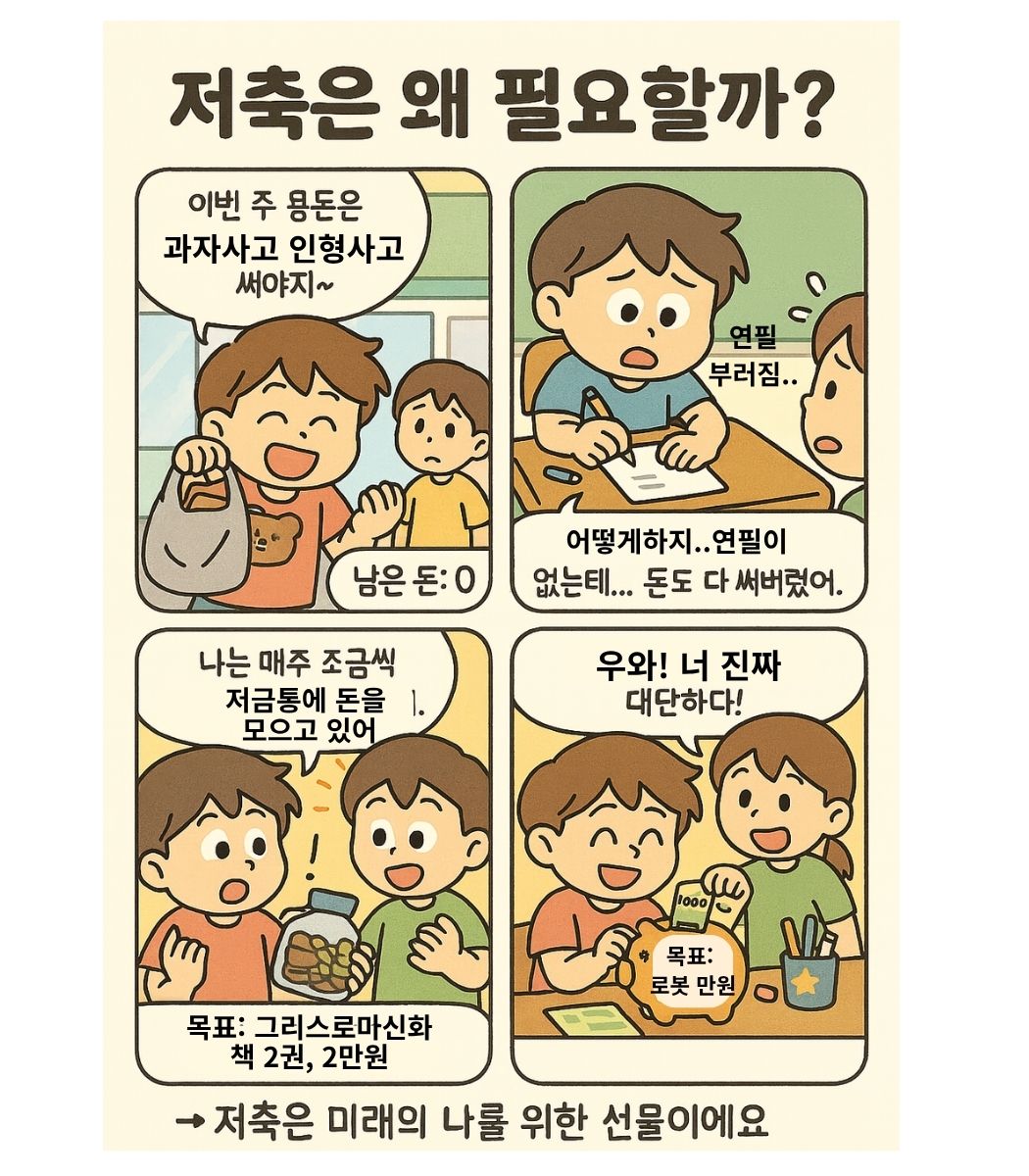 초등학생이 용돈을 모두 써버린 뒤 필요한 물건을 사지 못해 깨닫고, 저축을 결심하는 과정을 그린 4컷 교육 만화. 저금의 중요성과 소비 계획의 필요성을 재미있고 쉽게 전달하는 어린이 경제 교육 콘텐츠