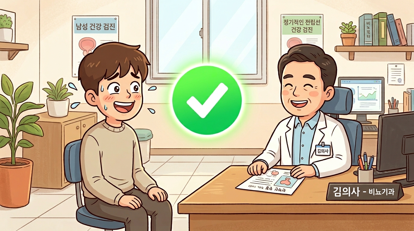 비뇨기과 방문 후 정상 판정을 받고 안심하는 사람 일러스트