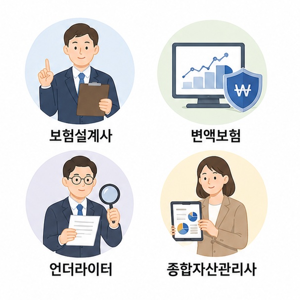보험설계사와 변액보험, 언더라이터, 종합자산관리사 등 자격시험센터에서 확인할 수 있는 시험을 보여주는 그림