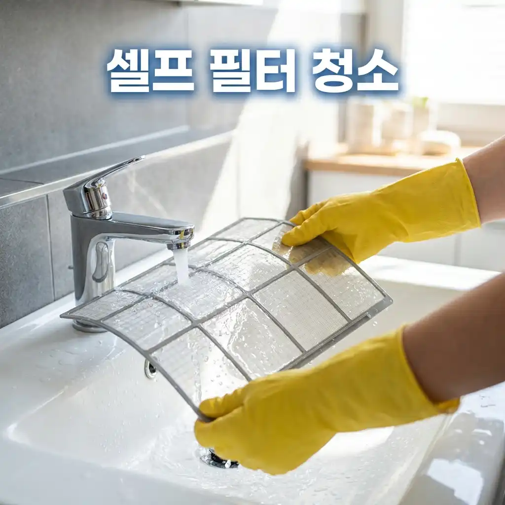 가정에서 흐르는 물과 부드러운 도구를 이용해 에어컨 필터의 먼지를 셀프로 깨끗하게 물청소하는 방법입니다.