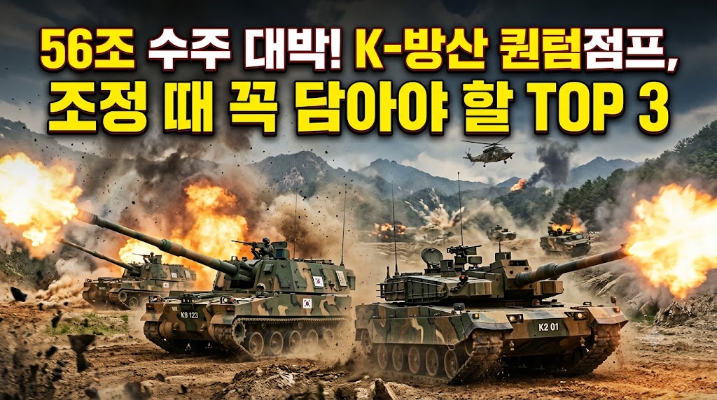 실전 사격하는 K9 자주포 및 K2 전차 연출 사진. "56조 수주 대박! K-방산 퀀텀점프, 조정 때 꼭 담아야 할 TOP 3" 문구가 들어간 썸네일.
