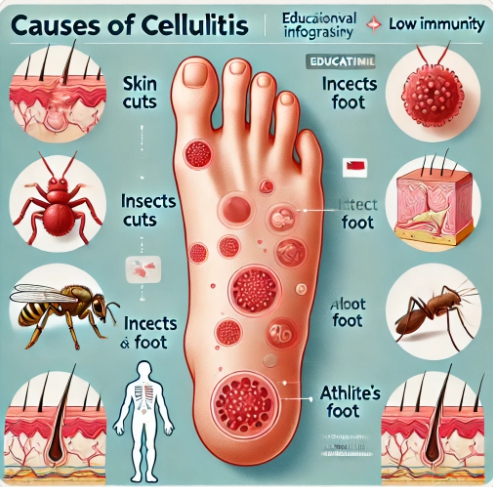 봉와직염 주요 원인 인포그래픽 &rarr; 찰과상&amp;#44; 벌레 물림&amp;#44; 무좀&amp;#44; 면역저하 등