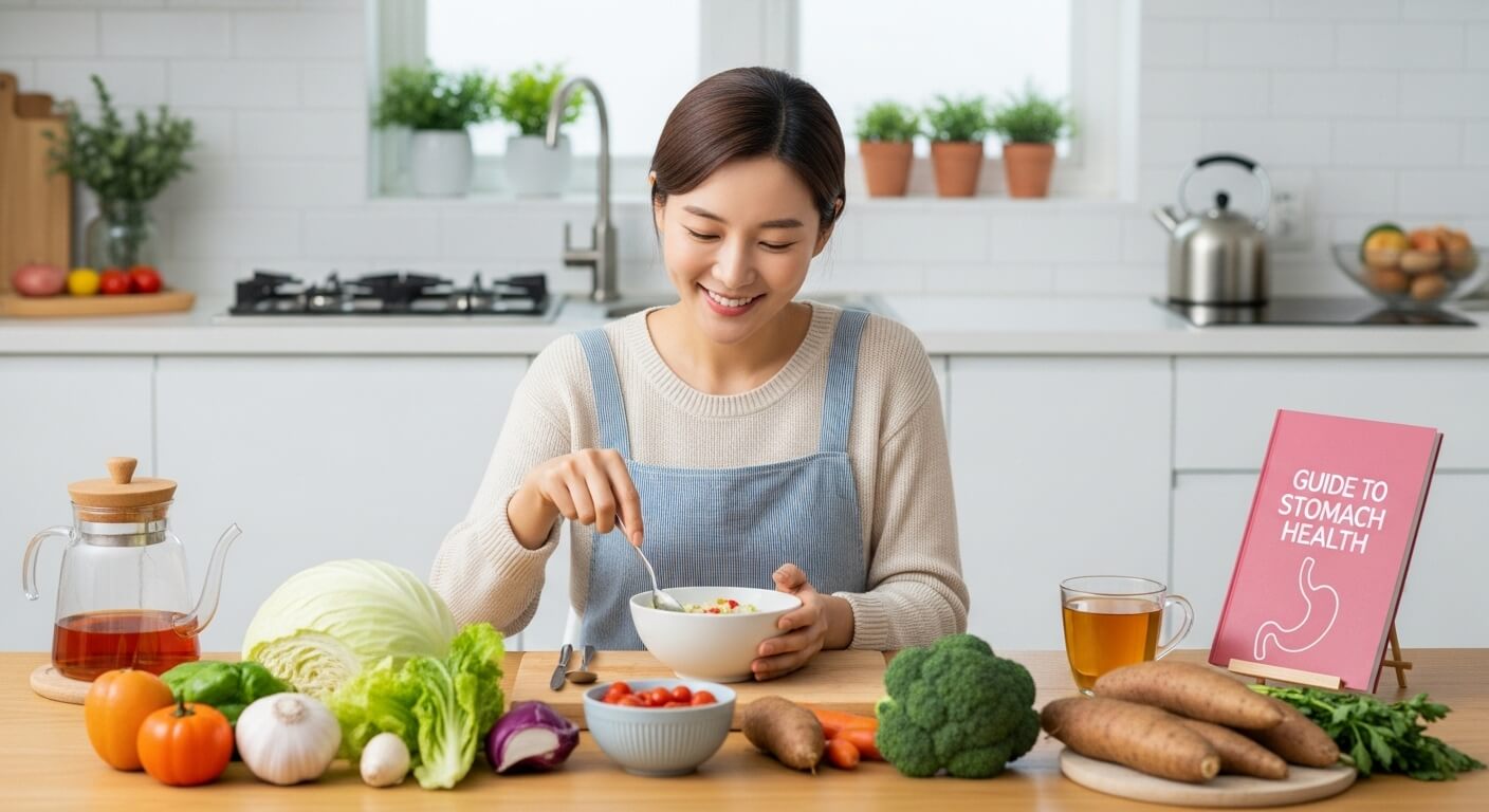 여성이 위 건강에 좋은 식재료가 놓인 식탁 앞에서 죽이나 샐러드를 만들고 있다