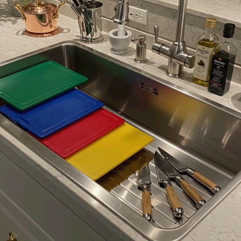 싱크대에 도마와 칼이 정리된 모습.