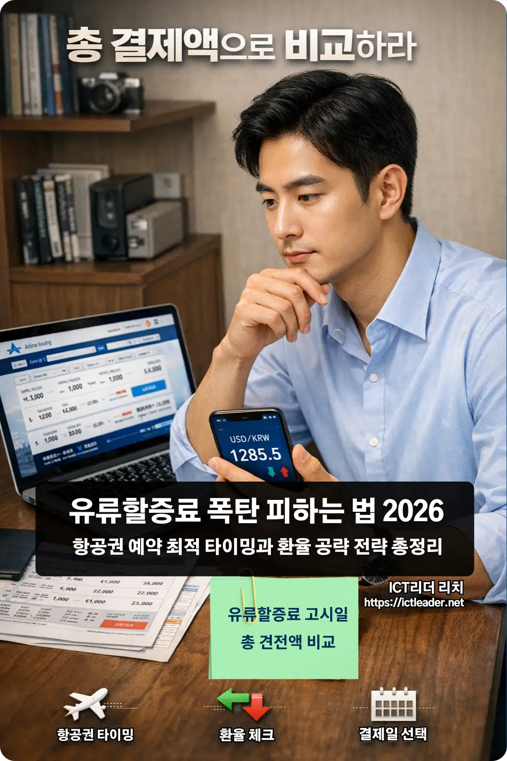 항공권 예약 시점과 환율을 함께 검토하며 유류할증료 절약 전략을 세우는 남성 인포그래픽