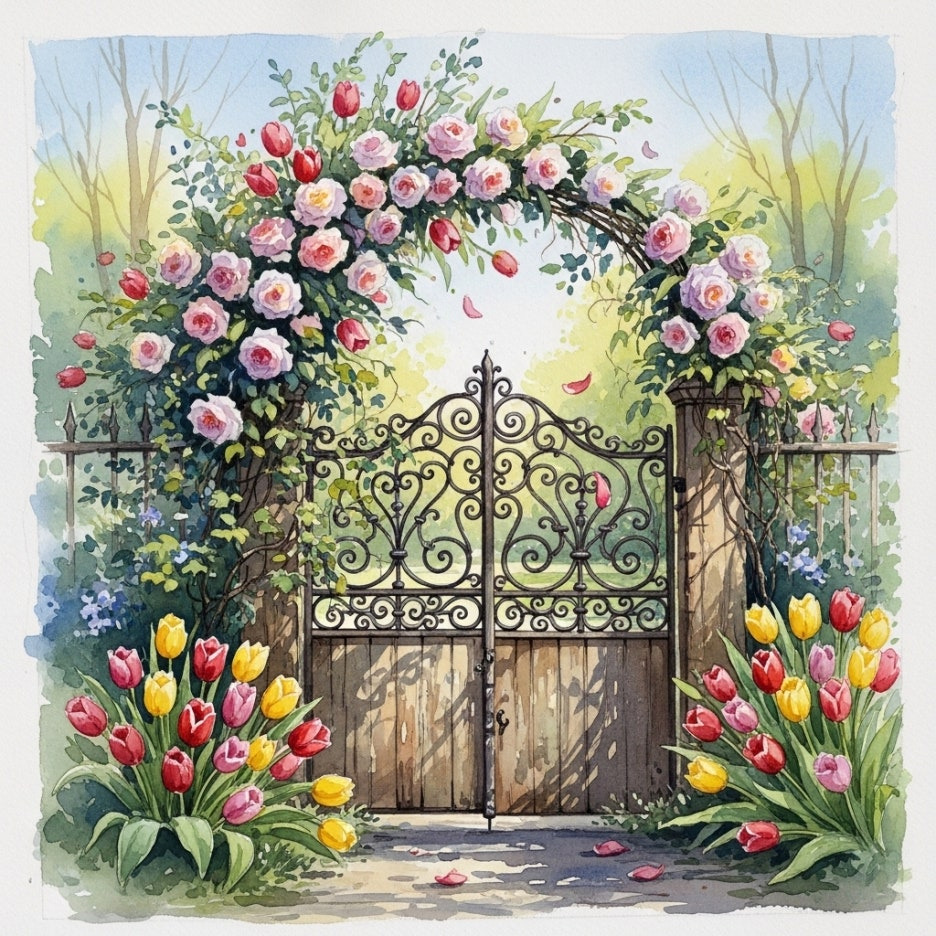 다채로운 튤립과 장미로 장식된 정원 입구