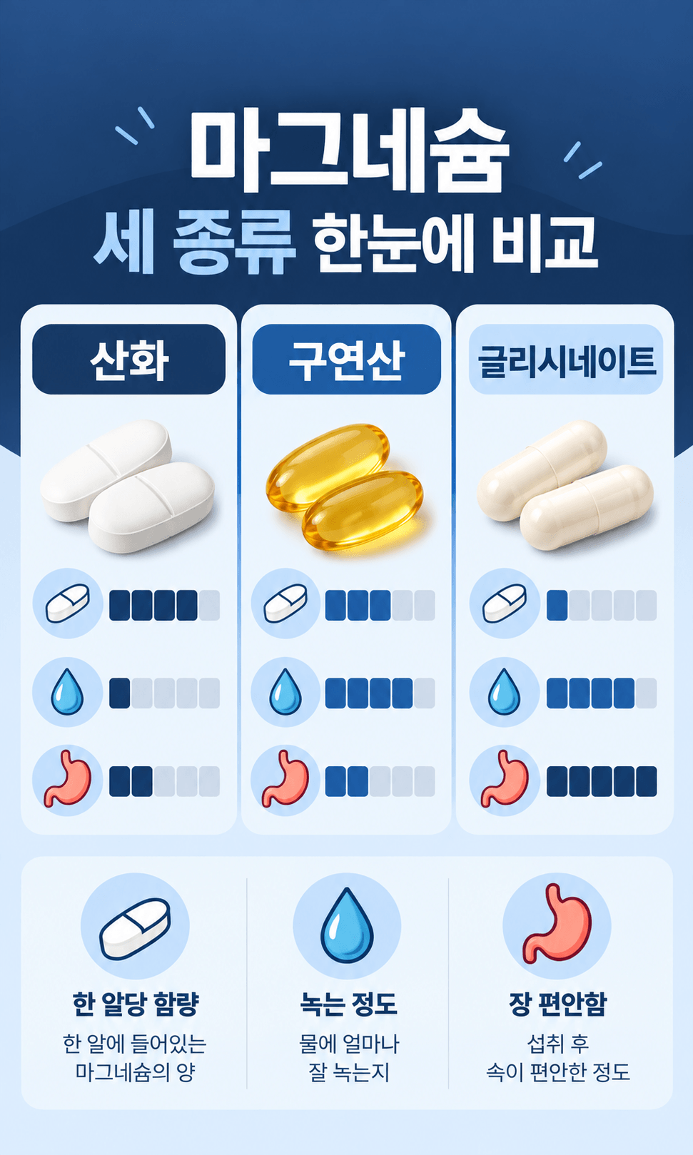 상단에 &lsquo;마그네슘 세 종류 한눈에 비교&rsquo;라는 제목이 추가된 세로형 인포그래픽. 산화&middot;구연산&middot;글리시네이트의 한 알당 함량, 녹는 정도, 장 편안함을 아이콘과 막대그래프로 비교하고, 하단에는 각 아이콘의 의미를 설명하는 네이비&middot;하늘색 건강 정보 디자인