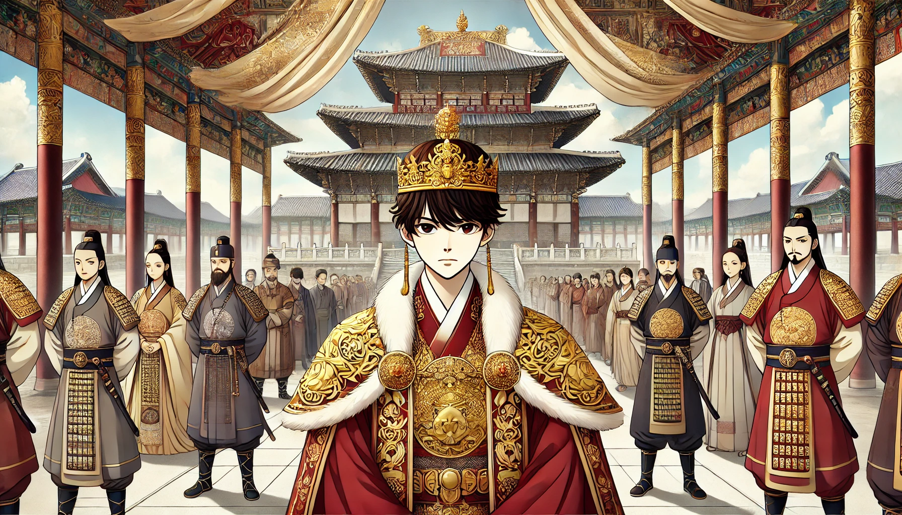 신라 왕들이 전통 왕실 복장을 입고 궁전에서 서 있는 장면을 애니메이션 스타일