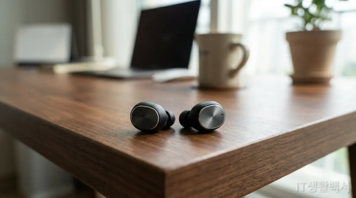 현대적인 한국 사무실에서 세련된 무선 이어폰이 놓여 있는 모습