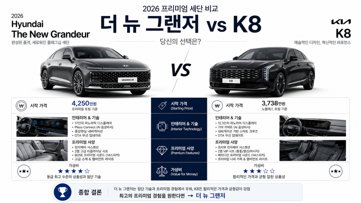 더 뉴 그랜저와 K8 가격 및 상품성 비교