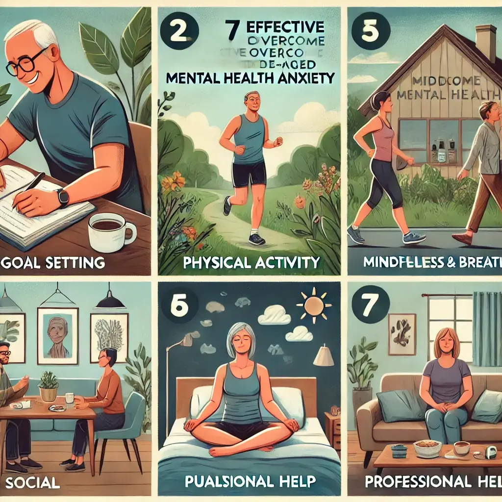 중년의 정신 건강에 좋은 조깅, 걷기, 명상, 독서를 하는 모습