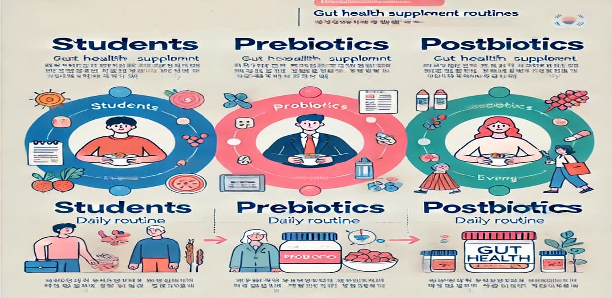 연령대별 장 건강 보조제 섭취 루틴을 보여주는 인포그래픽