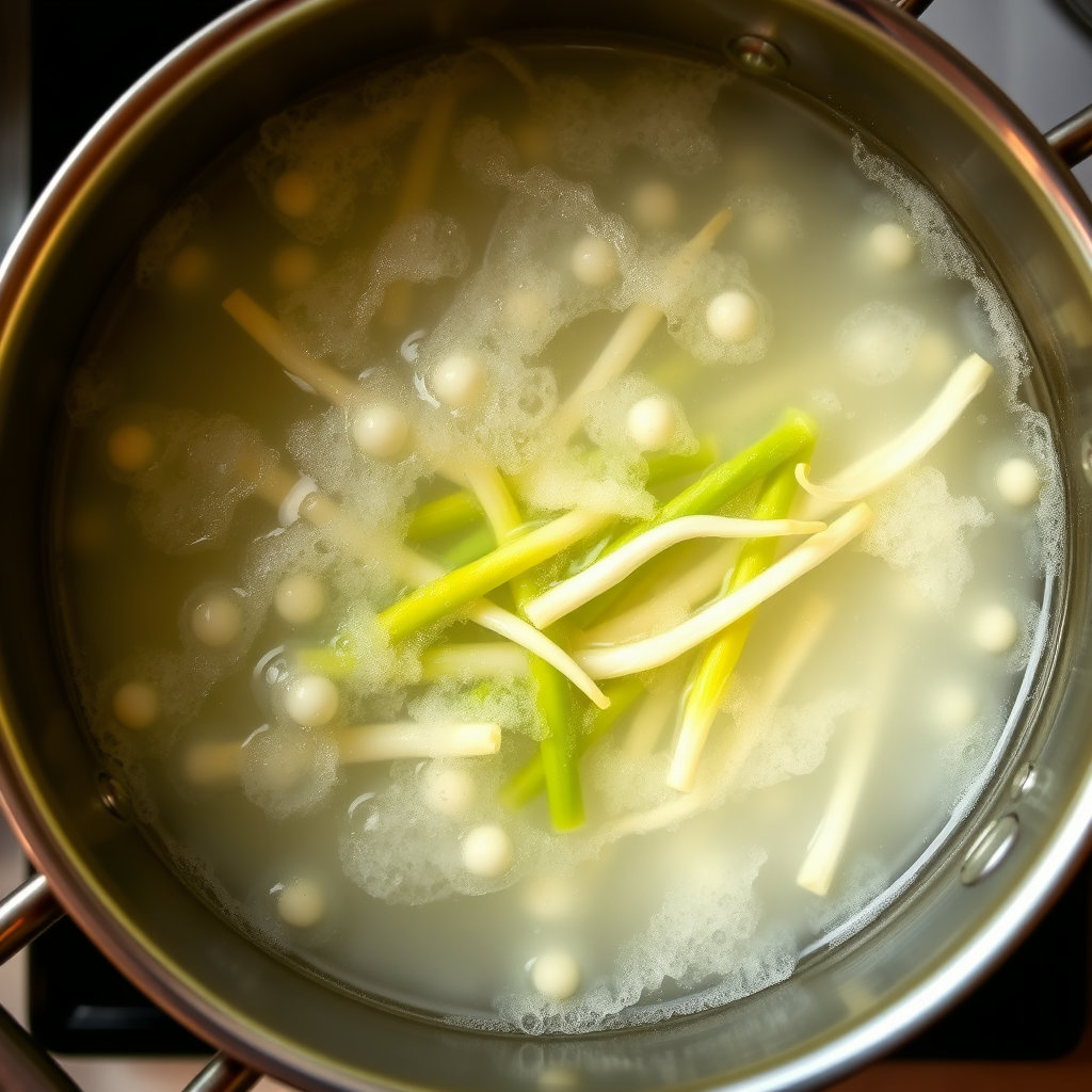 끓는 물이 담긴 냄비에 콩나물이 들어가 있는 모습을 위에서 내려다보는 구도로 촬영합니다. 김이 살짝 올라오는 듯한 효과를 주어 따뜻한 요리 과정을 강조하고, 콩나물이 너무 무르지 않게 적당히 삶아지는 순간을 포착합니다.