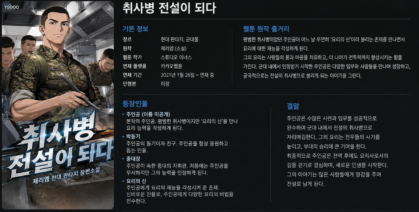 취사병 전설이 되다, 웹툰 원작 등장인물 줄거리 결말 3분 완벽 정리
