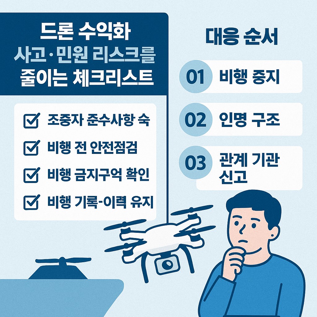 드론 수익화에서 사고·민원 리스크를 줄이는 체크리스트와 대응 순서를 정리한 인포그래픽 예시