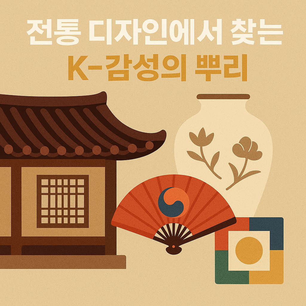 정사각형 비율의 그래픽 표지 이미지로, 전통 문양의 곡선과 현대적인 기하 형태가 어우러져 한국 디자인이 과거에서 미래로 이어지는 흐름을 암시한다.