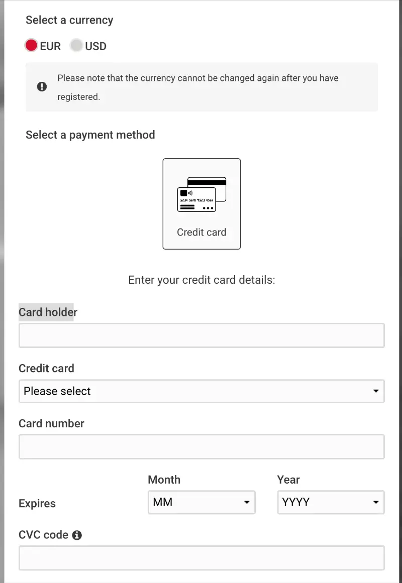 Hetzner 신용카드 등록 화면