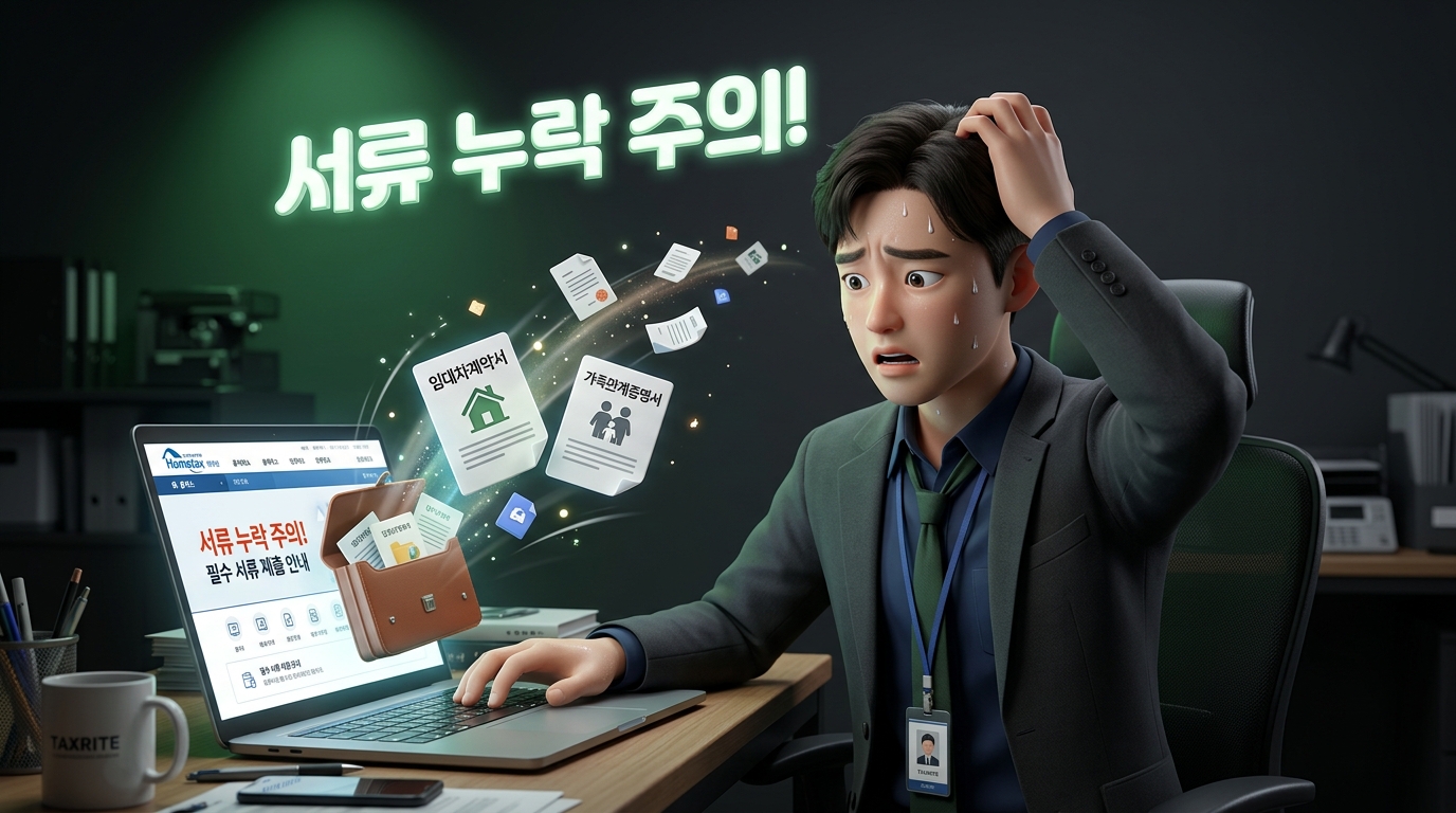 근로장려금 정기신청 시 서류 누락으로 당황하는 모습을 표현한 3D 캐릭터 썸네일 이미지