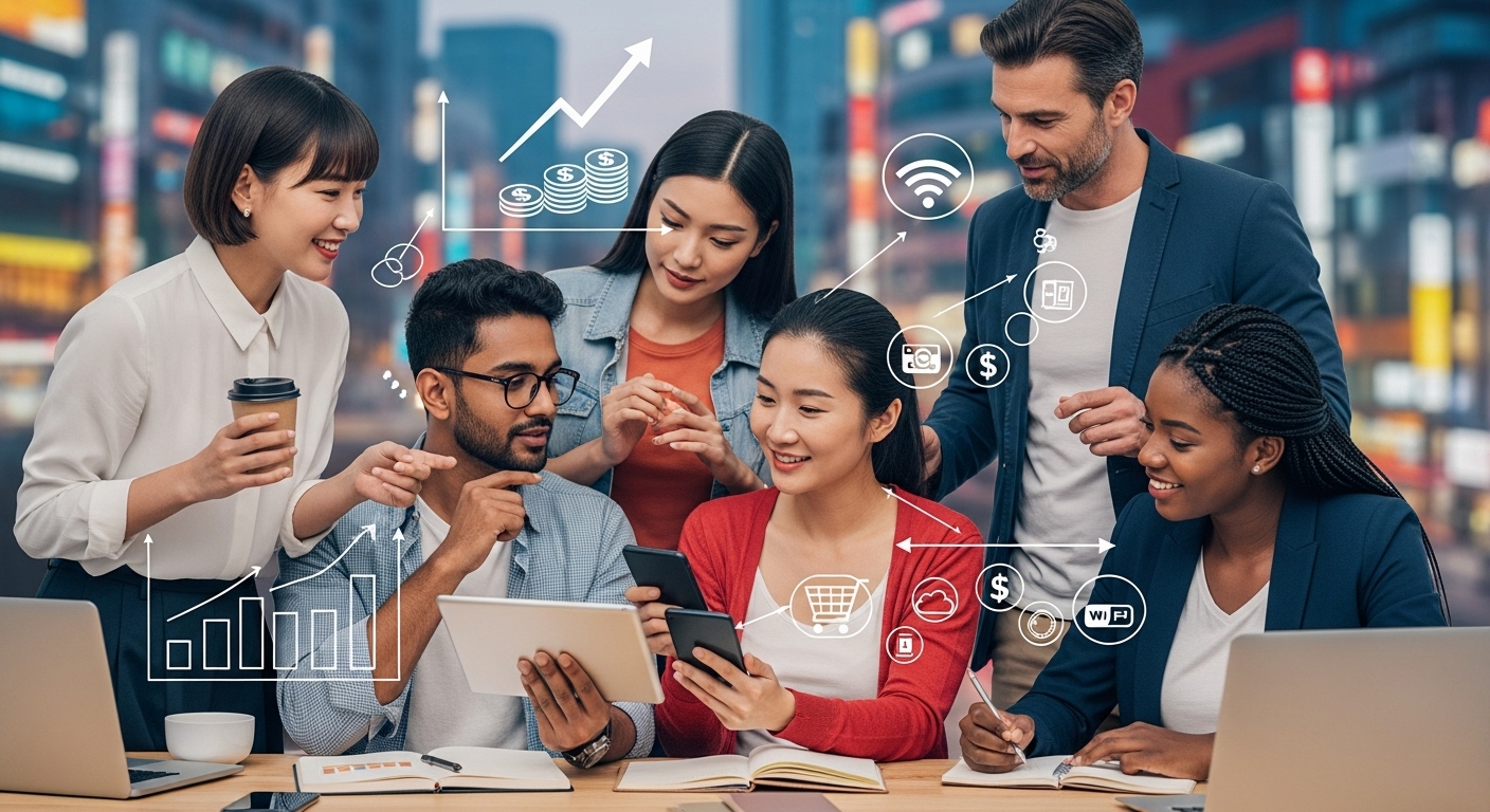 활기찬 모습의 소상공인들이 서로 협력하며 정부 지원 사업으로 성장하는 미래를 꿈꾸는 장면