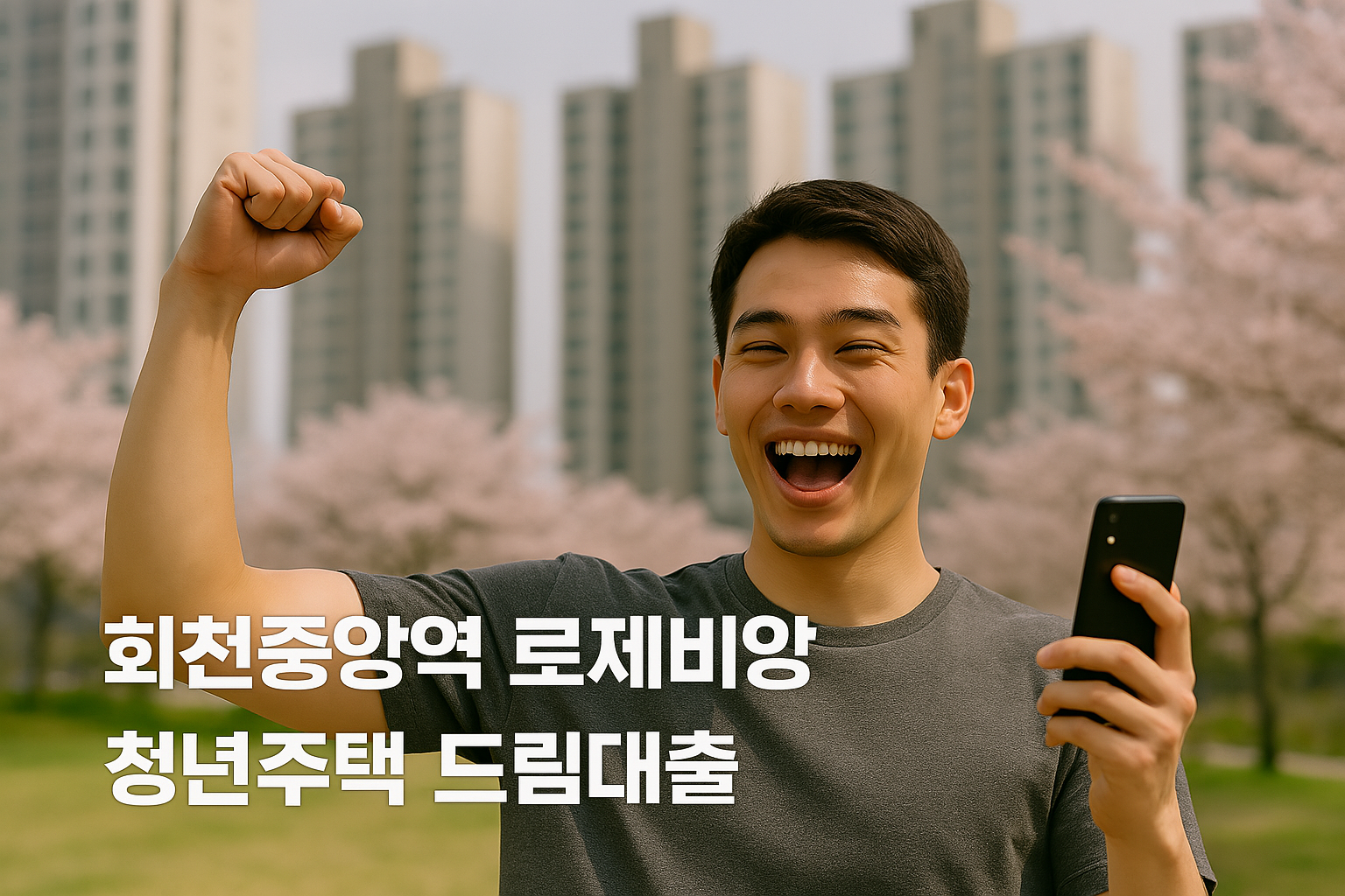 회천중앙역 로제비앙 그랜드센텀 생애최초 특별공급 청약 당첨 사실을 확인한 청년이 청년주택드림대출을 활용할 수 있게 되어 기뻐하는 장면