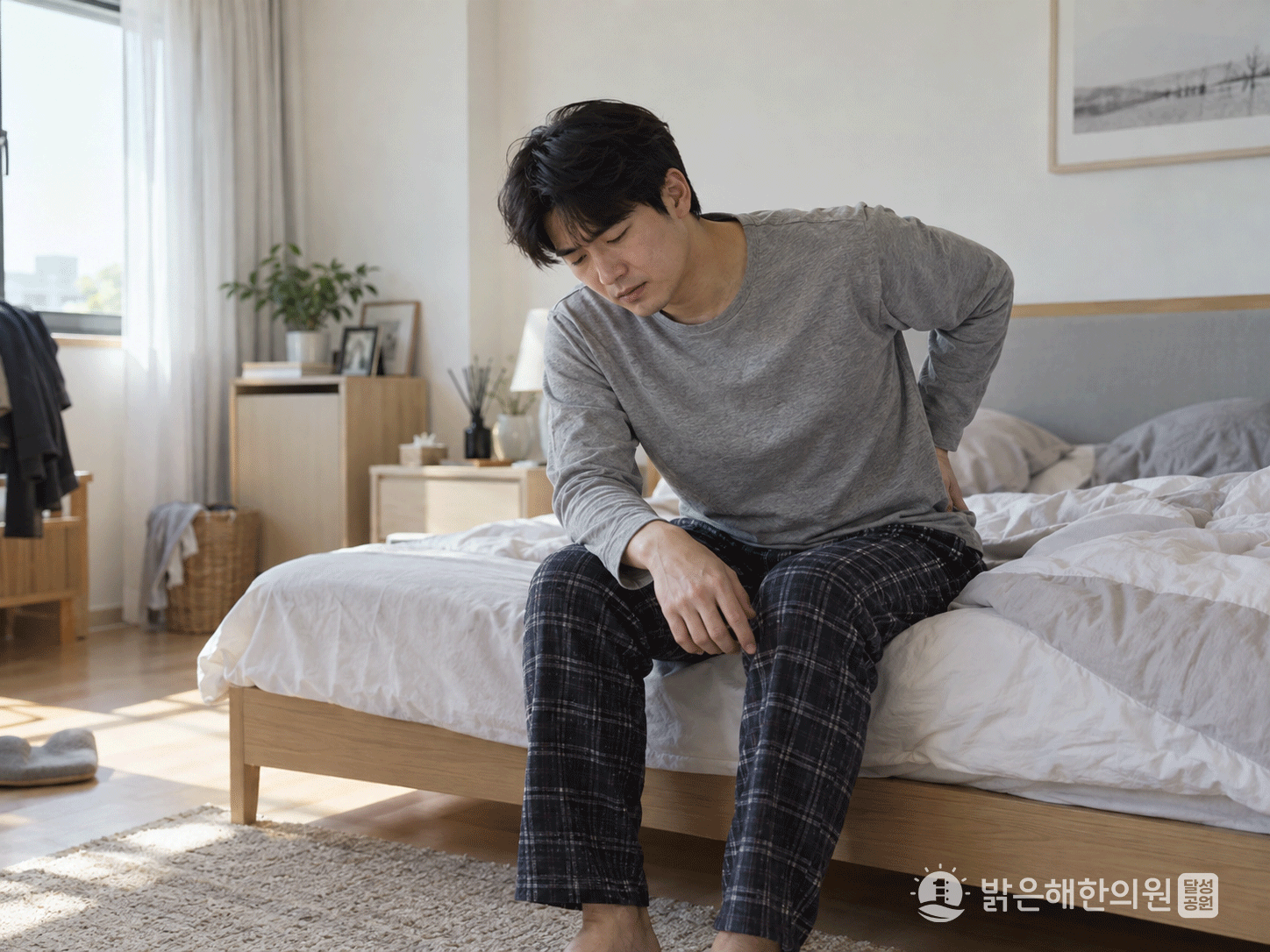 교통사고 후 일상 움직임의 불편을 확인하는 모습