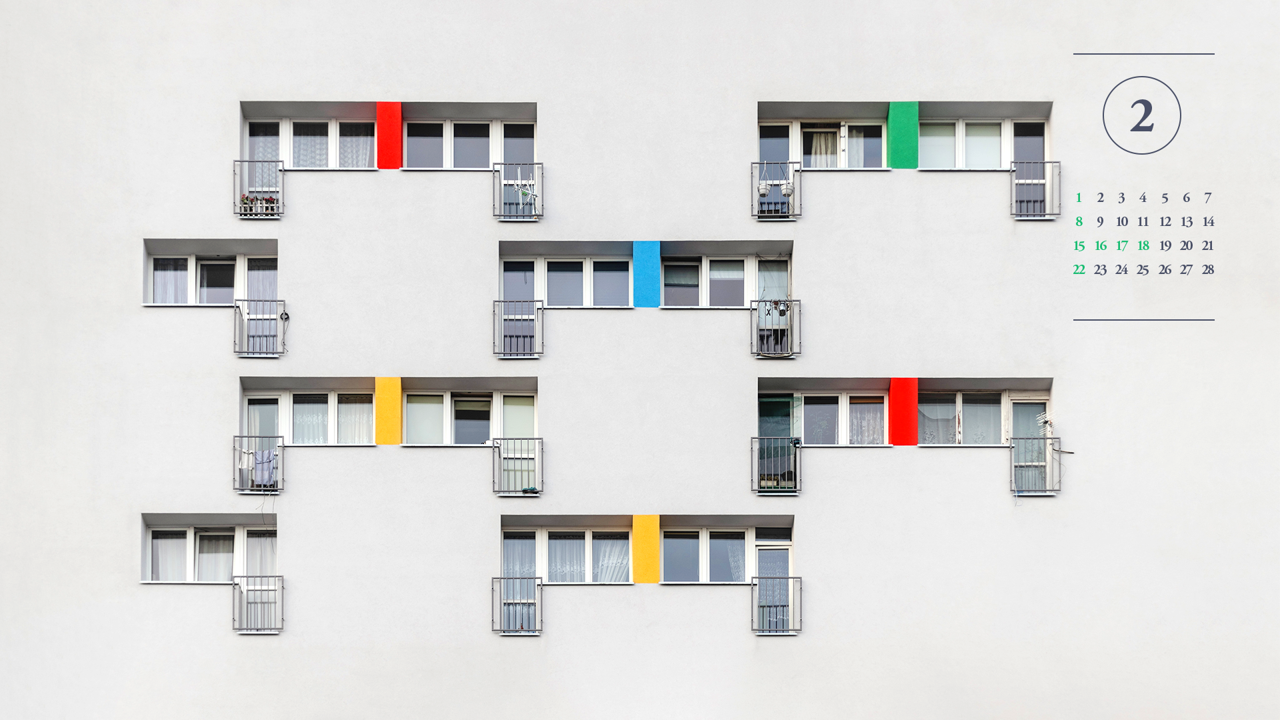 09 회색 건물 A - 2026년2월 달력배경화면