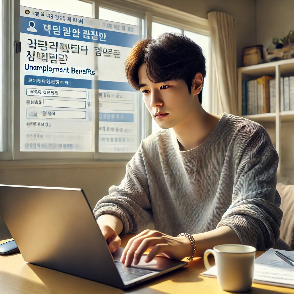 집에서 실업급여 신청 중인 20대 한국 남성