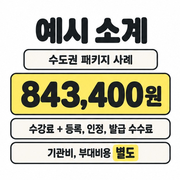 수도권 패키지 사례의 예시 소계 843,400원과 포함 수수료, 기관비 및 부대비용 별도를 표시한 그림