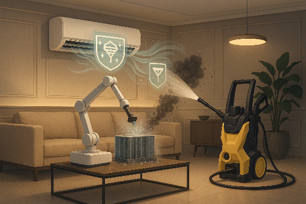 고급 거실에서 스마트 로봇팔과 고압세척기가 에어컨 세척 중