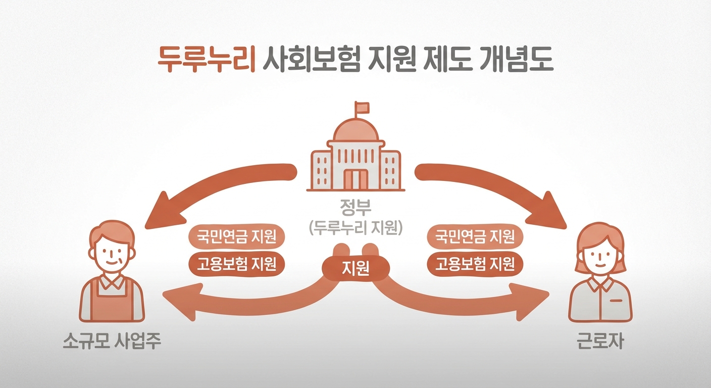 두루누리 사회보험료 지원 제도의 개념을 소규모 사업주, 근로자, 정부 간의 관계로 시각화한 인포그래픽.