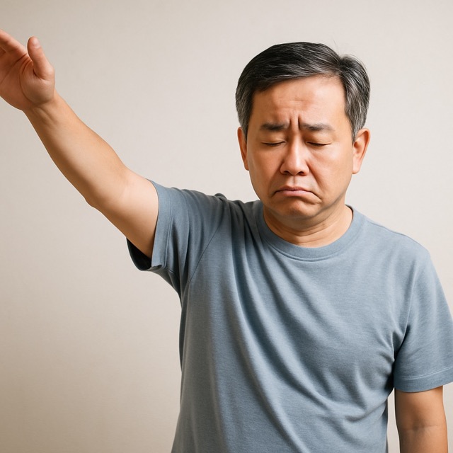 팔 들기 테스트 중 한쪽 팔이 점차 내려가는 뇌졸중 초기 증상을 확인하는 중년 남성(출처: 자체제작)