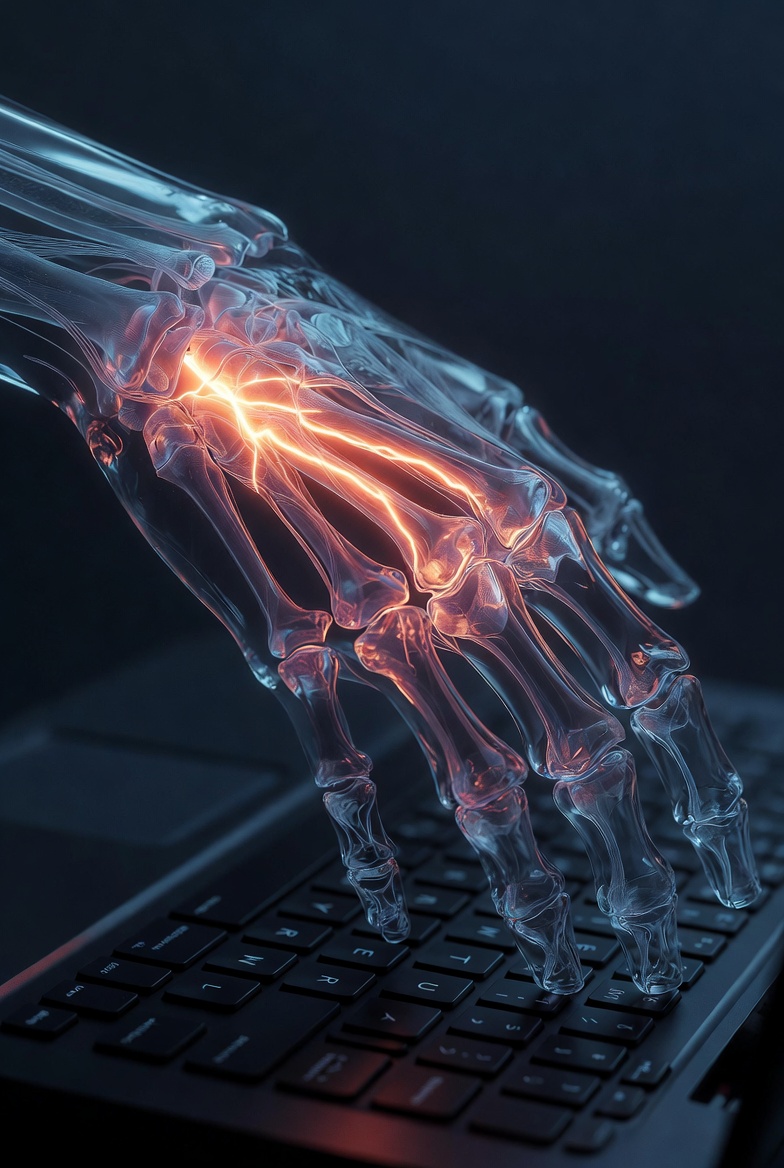 손목 터널 부위 정중신경이 붉은 빛으로 압박받는 모습을 시각화한 이미지