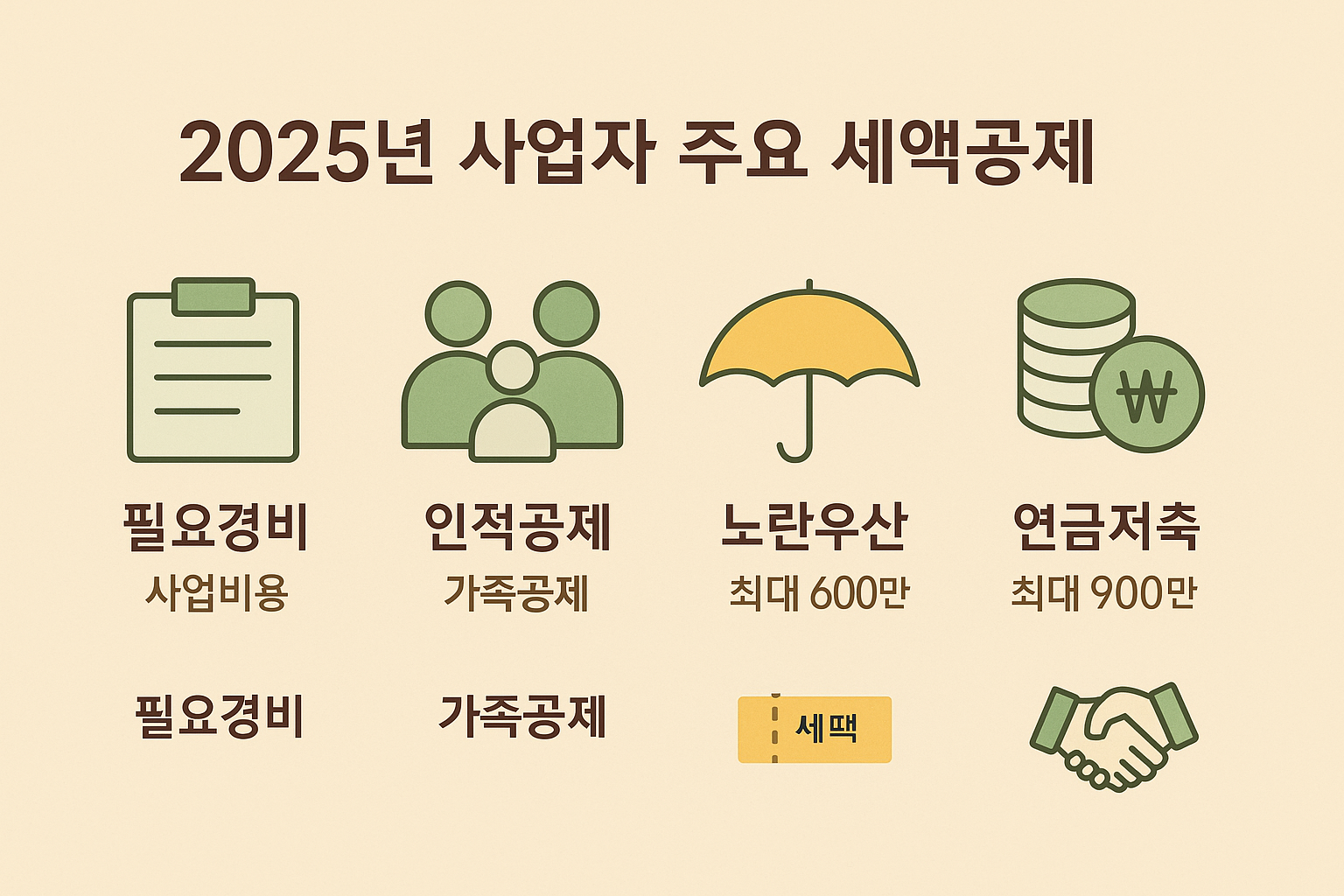 필요경비, 인적공제, 노란우산공제, 연금저축 등 개인사업자들이 가장 많이 사용하는 소득공제 항목을 직관적인 아이콘과 함께 한눈에 보기 쉽게 정리한 인포그래픽 이미지