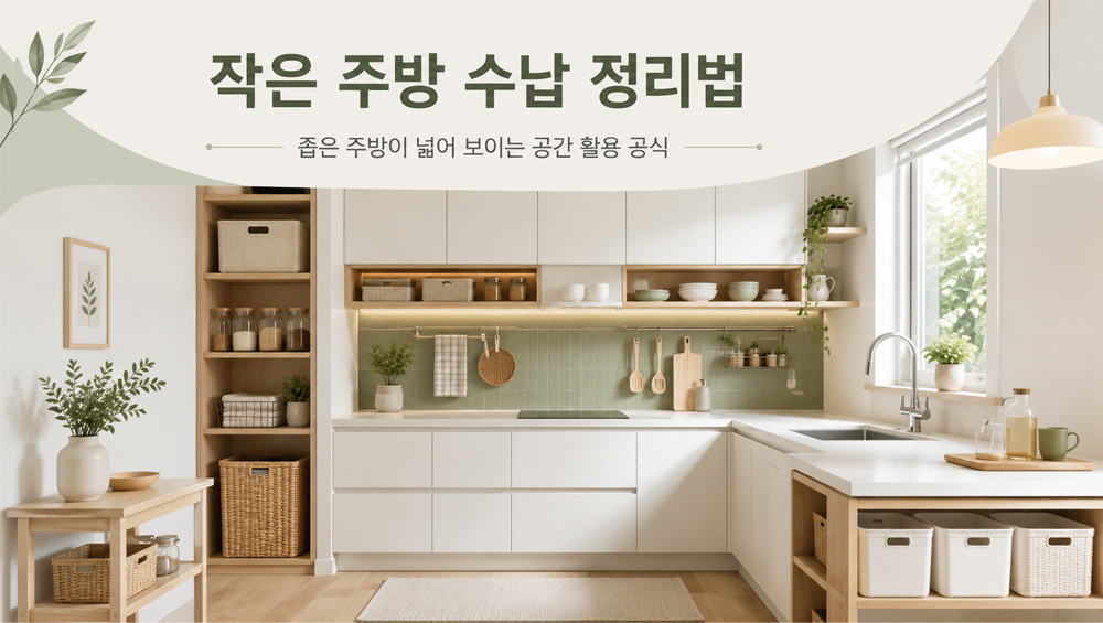좁은 주방이 넓어 보이도록 조리대와 수납장을 깔끔하게 정리한 작은 주방 수납 인테리어 이미지
