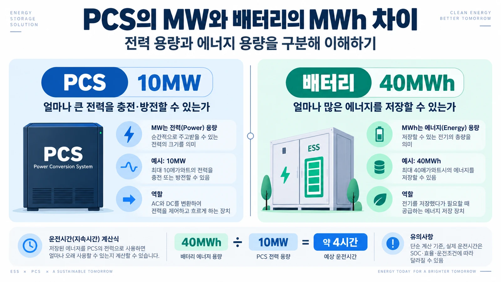 PCS 10MW 전력용량과 배터리 40MWh 에너지용량의 차이