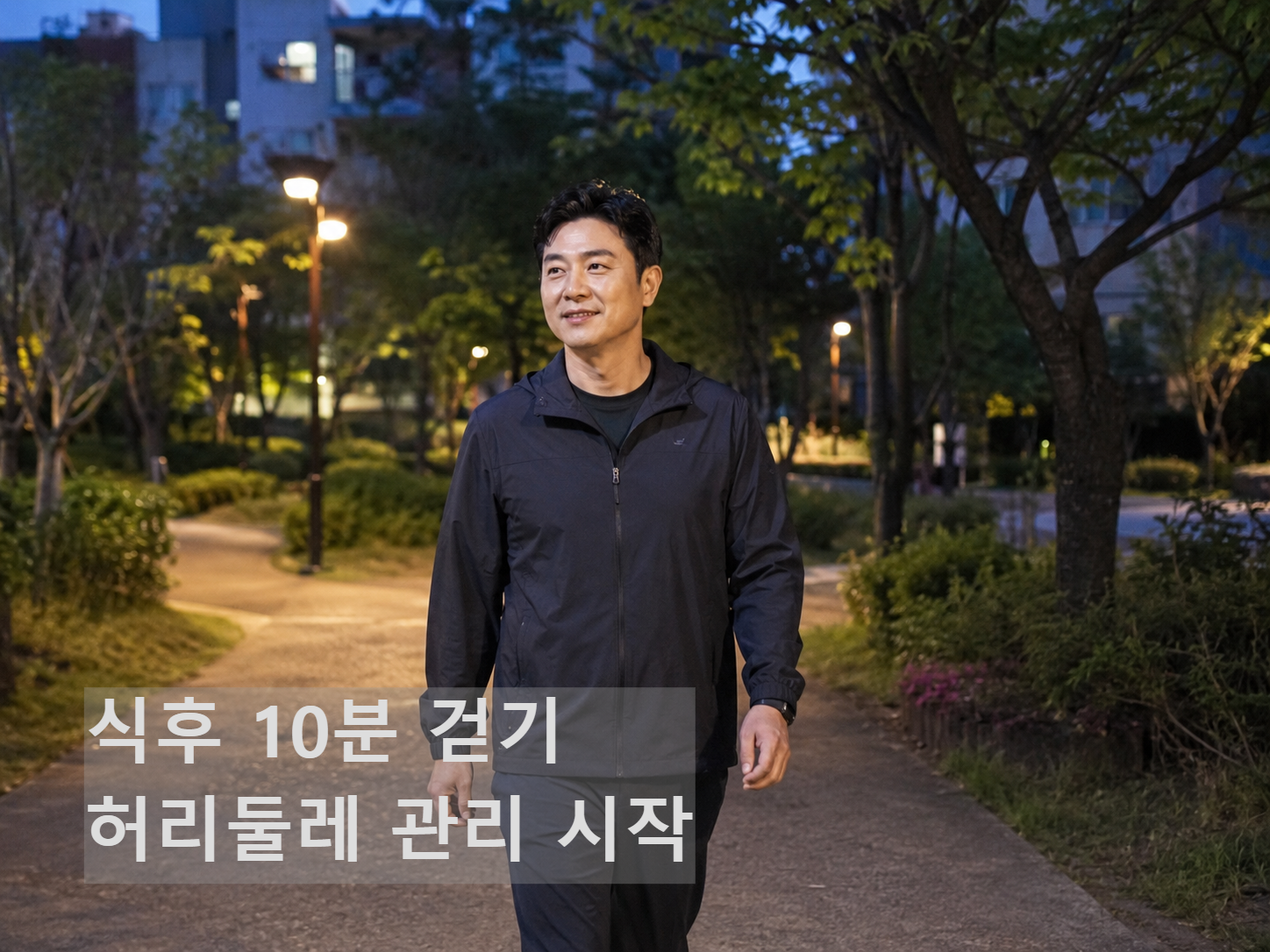 40대 남성이 식후 걷기로 허리둘레를 관리하는 이미지