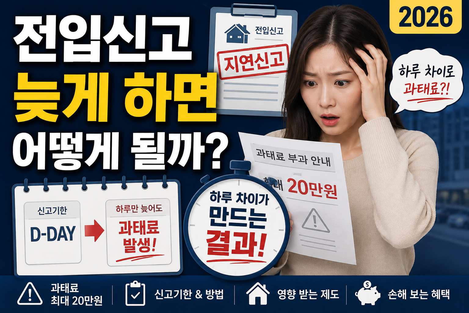 전입신고를 늦게 했을 때 발생할 수 있는 과태료와 불이익을 설명하는 2026년 블로그 대표 이미지. 지연신고 문서와 과태료 안내서를 들고 놀란 표정의 여성과 함께 &lsquo;전입신고 늦게 하면 어떻게 될까?&rsquo; 문구가 강조되어 있다.