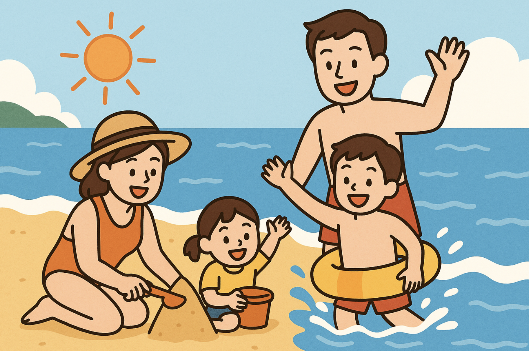 바닷가에 있는 가족