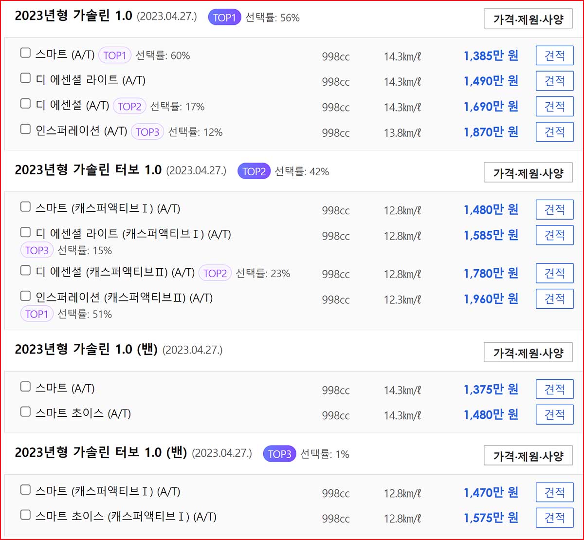 2024 캐스퍼 가격표 카탈로그 다운로드