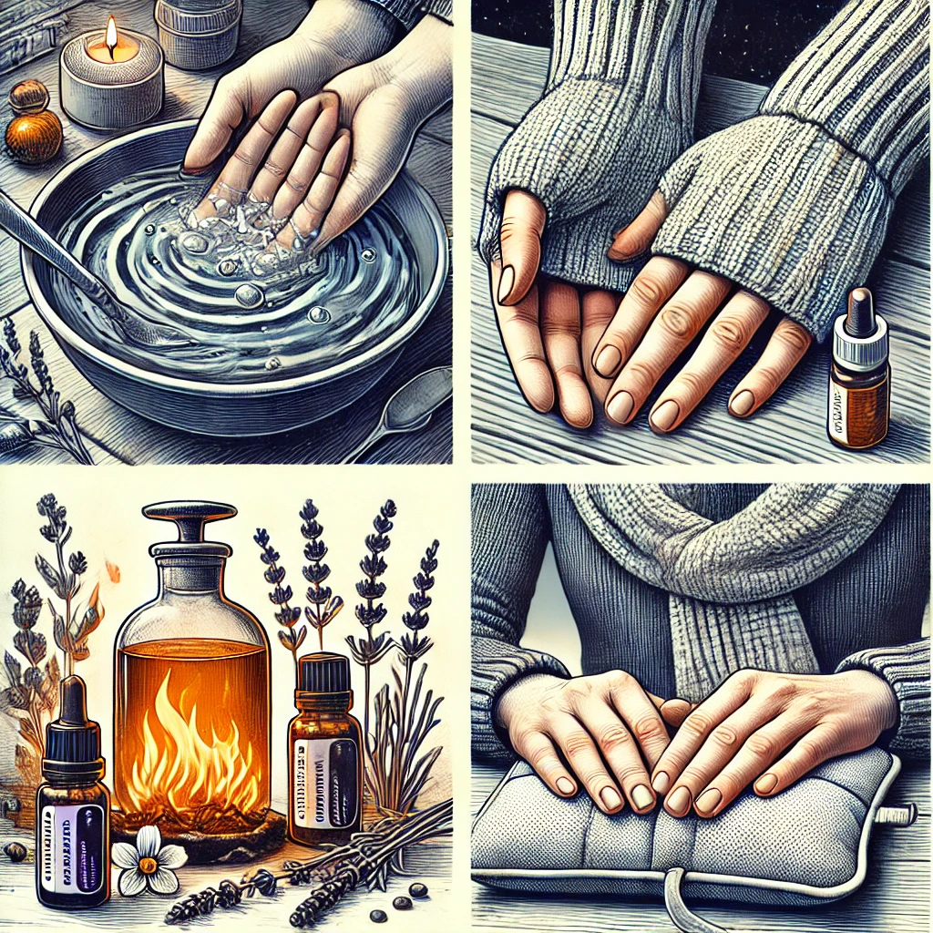 손을 따뜻한 물에 담그는 장면과 온열 패드를 사용하는 모습