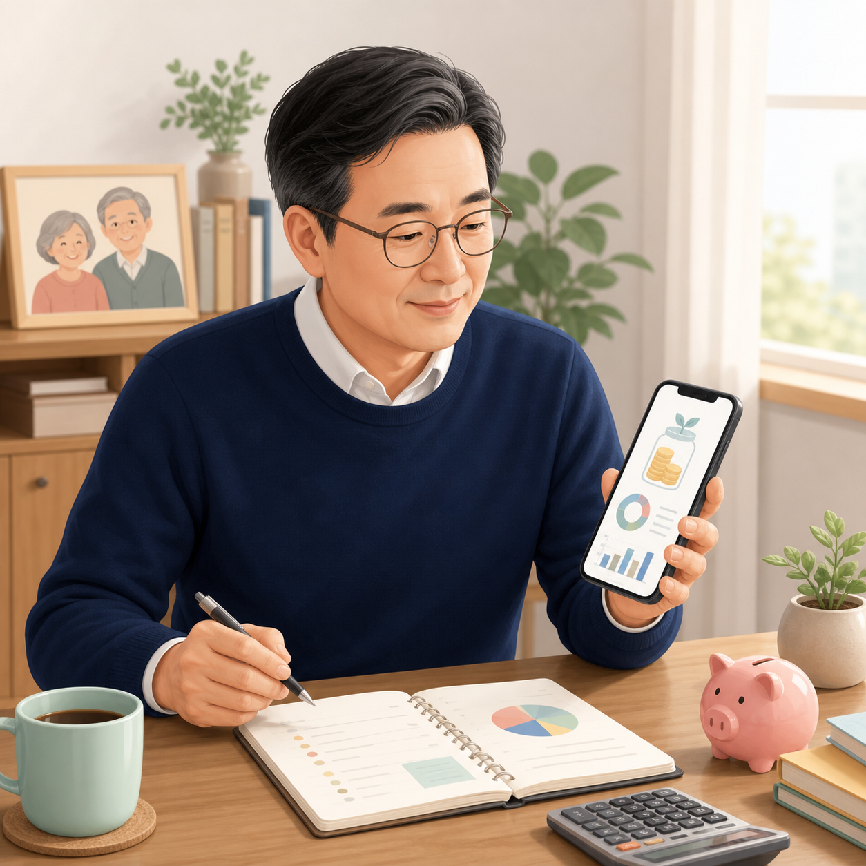 스마트폰으로 국민연금 예상액을 확인하며 노후 예산을 살펴보는 장면