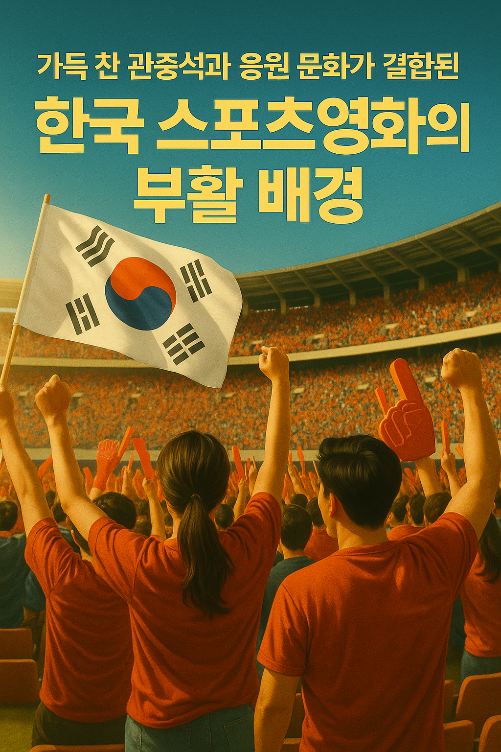 가득 찬 관중석과 응원 문화가 결합된 한국 스포츠영화의 부활 배경을 상징하는 장면