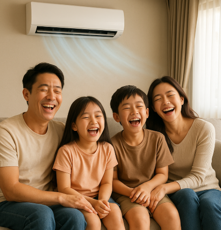에어컨의 시원한 바람으로 즐거워하는 동양인 가족의 이미지