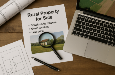 시골 부동산 매물 서류, 돋보기, 설계도면, 노트북이 나무 책상 위에 놓인 장면.