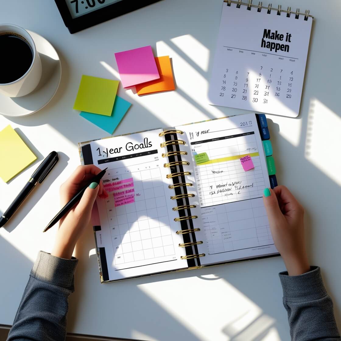 1Year Goalls 라고 쓰여있는 노트를 보고 있는 사람